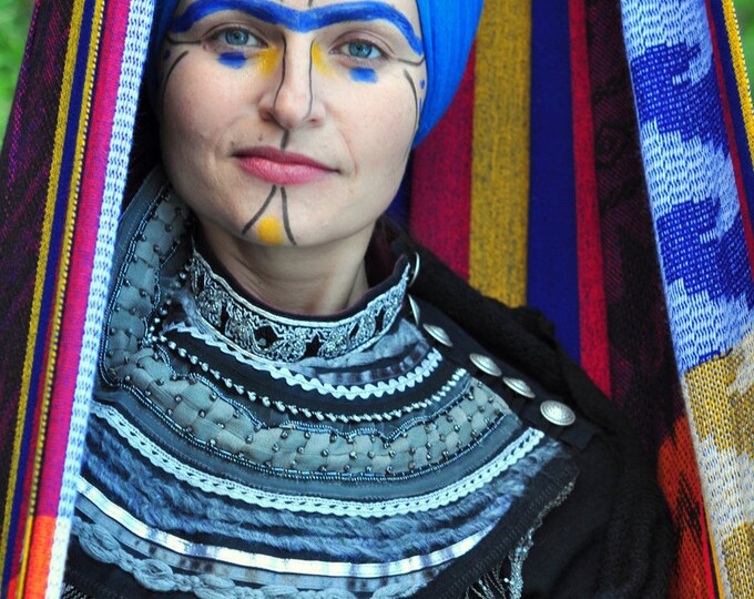 Grey Ethnic Necklace Shaman Jewelry Art Festival Collar Burning Man Clothing Art to Wear Art Jewlery Gift for artist