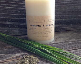 Lemongrass and Green Tea Soy Scented Candle Natural Soy Based Pillar Candle Large White Pillar Candle