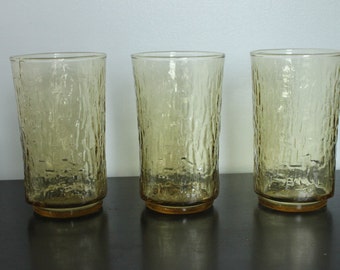 Set of 3 vintage Amber textured Glass cooler glasses, bamboo texture drinking glasses, yellow drinking glasses