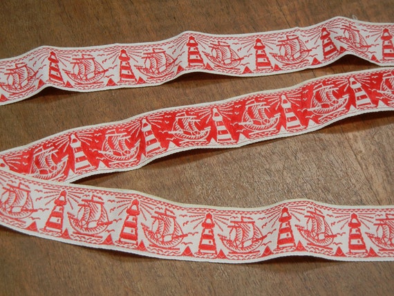 Vintage ribbon nautical theme woven jacquard lighthouses