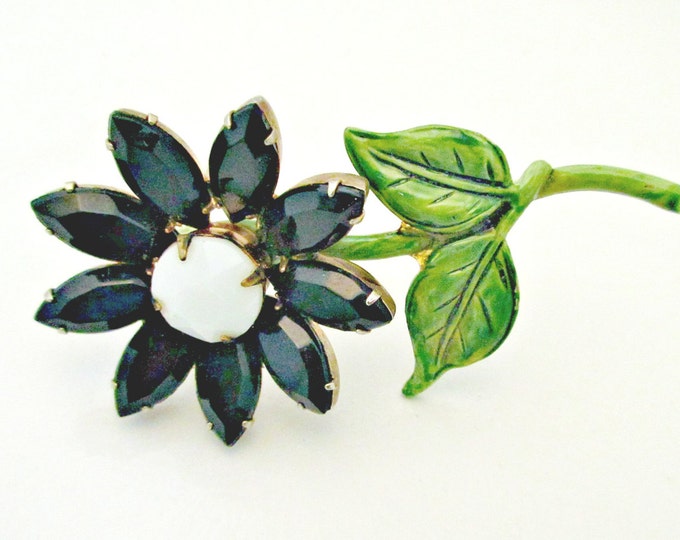 Flower Brooch with black and white glass and green enamel pin