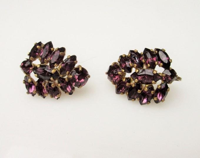 Czech Purple Rhinestone Earrings screw back gold plated mid century