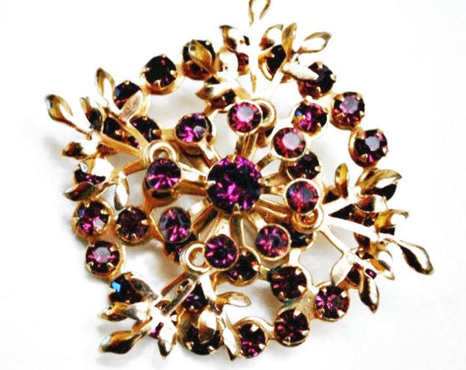 Rhinestone Flower Brooch - Purple Glass stone - gold tone setting Floral pin