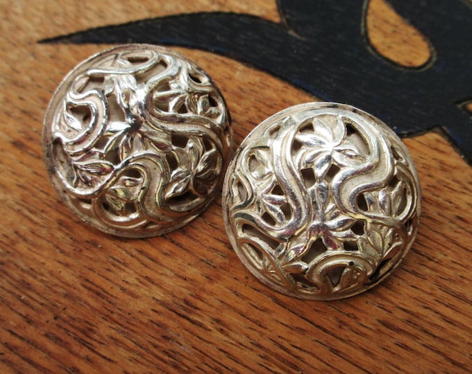 Beau Sterling Earrings - round Domed - silver filigree - screw backs