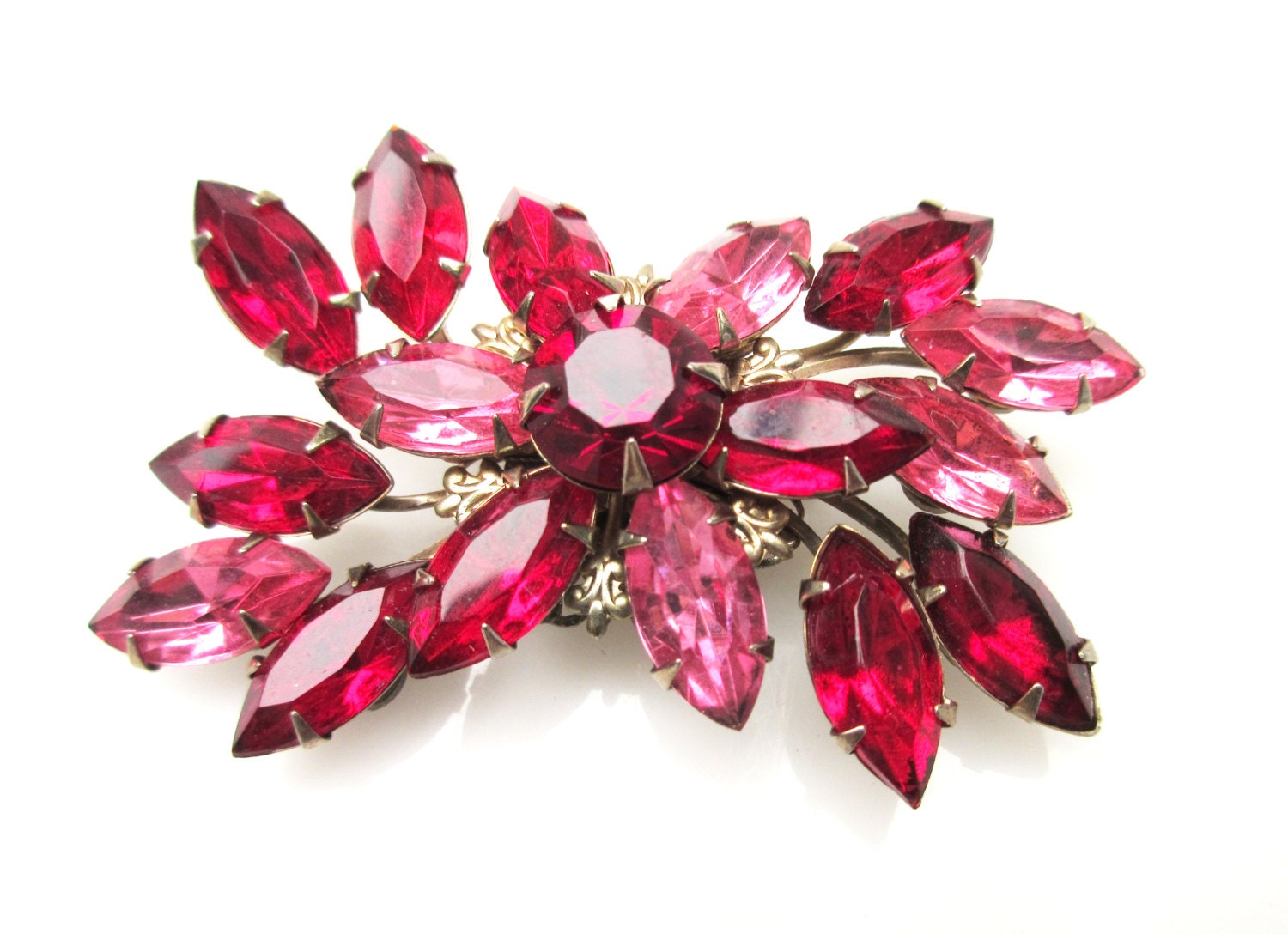 Flower Brooch with Red and Pink Rhinestone prong into gold