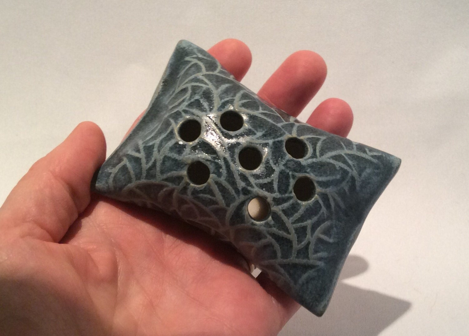 flower pillow vase Denim blue glaze textured ideal for