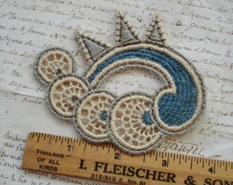 Antique Crocheted Lace Paisley Art Deco Blue Ecru Metallic Embroidered Flower Applique Trim Edwardian French Flapper Boudoir Millinery Hat