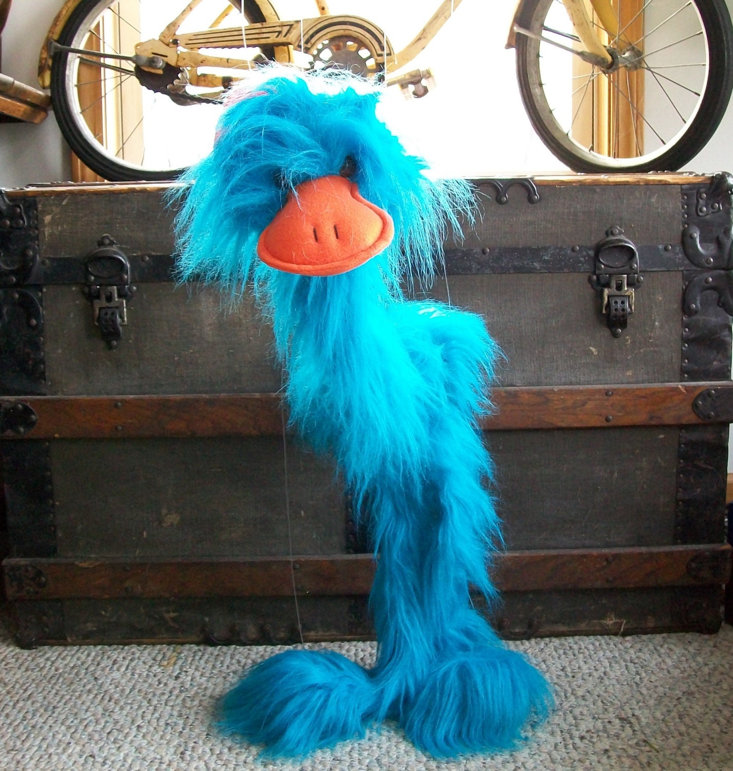 Large Vintage Big Fuzzy Blue Bird Stringed Puppet