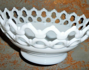 Vintage Bowl, Milk Glass, White, Doric Lace, Large Bowl, Fruit Bowl