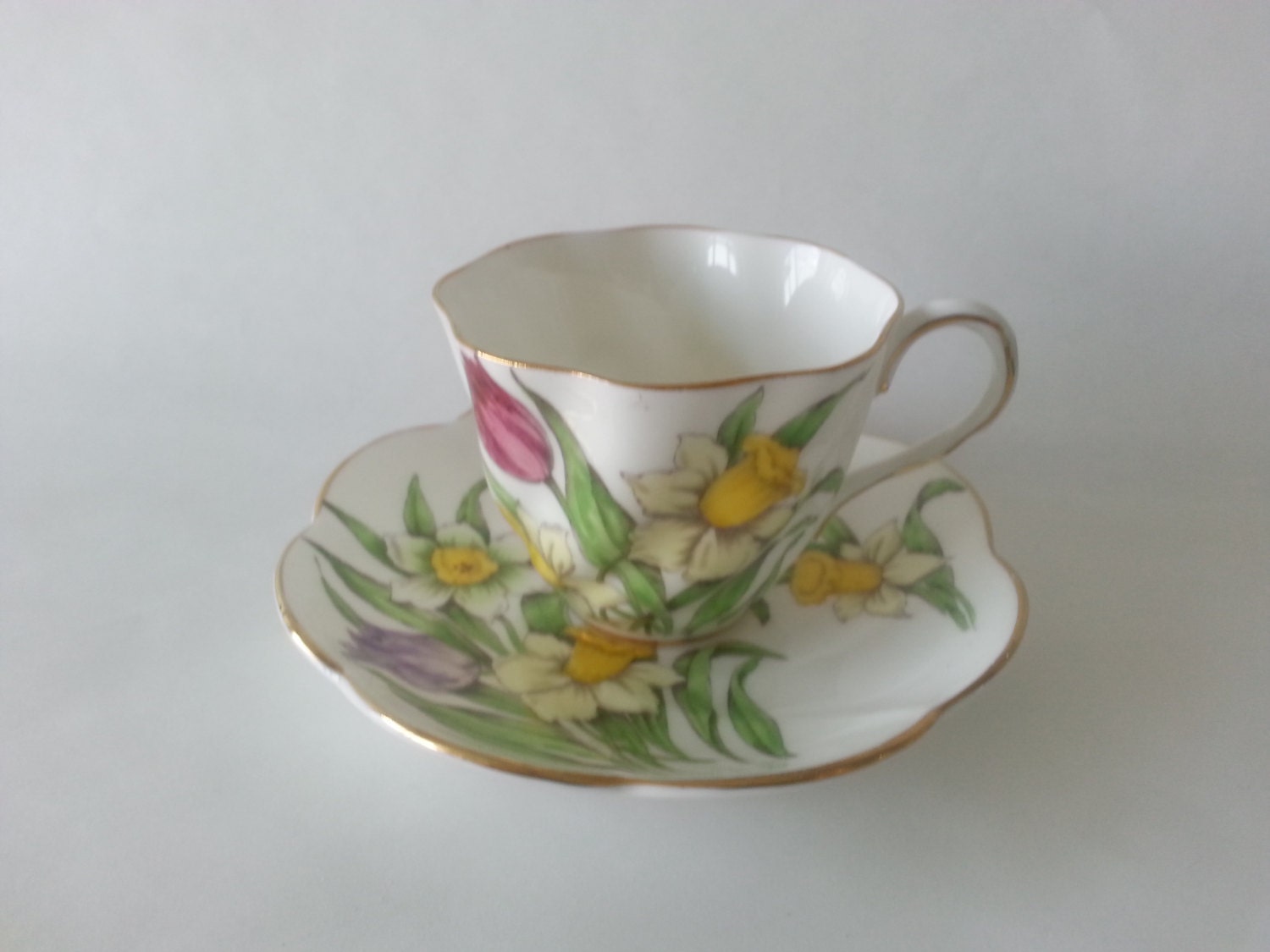 Salisbury Fine Bone China Teacup Tulips and Daffodils by dishinit