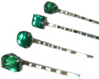Green Rhinestone Bobby Pins, Hair Clip, Green Hair Pins, Emerald Green Women Hair Accessories, Wedding Hair Jewels