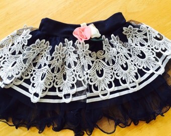 Toddler Tutu Skirts, Navy/White, Soft fabric, Lined, Lace Embellished SM - RTS