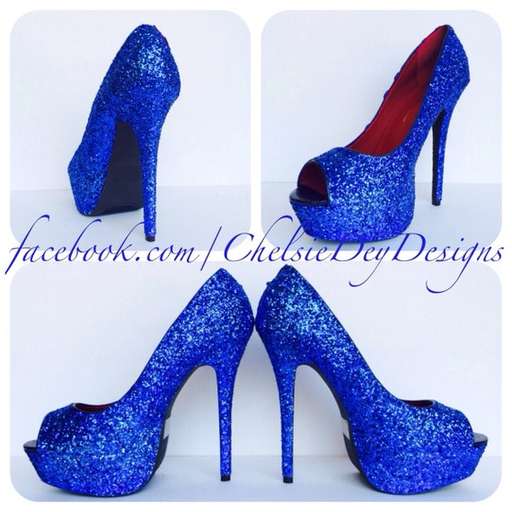 Royal Blue Glitter High Heels Blue Open Toe by ChelsieDeyDesigns