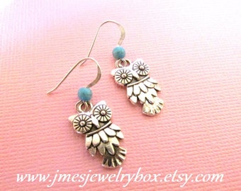 Silver owl earrings with turquoise