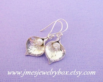 Silver calla lily earrings with freshwater pearls