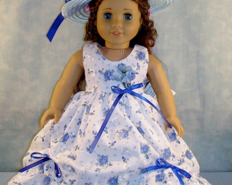 18 Inch Doll Clothes - Blue Floral Eyelet Gown and Hat made by Jane Ellen to fit 18 inch dolls