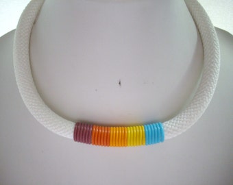 10mm White Woven Cord Necklace with Brown Dark Orange Light Orange Yellow and Turquoise Rubber Bands