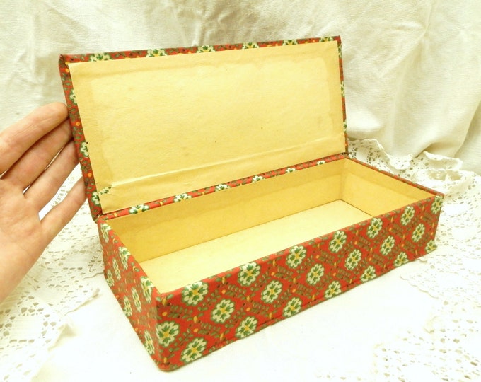 Vintage Red Fabric Covered French Provencal Wooden Box from France, French Country Decor, Retro Cloth and Wood Sewing Storage Container