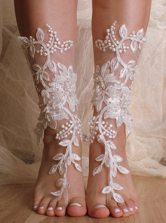 Unique Lace sandals ivory Beach wedding barefoot sandals,hand-embroidered barefoot sandals, belly dance shoes