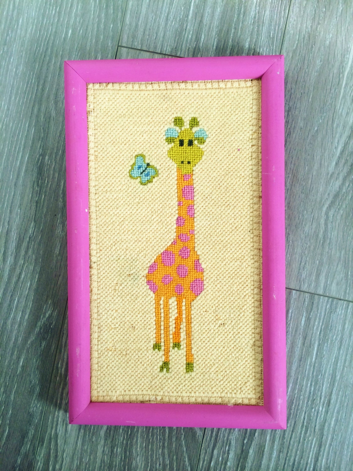 Vintage Giraffe Needlepoint Orange Pink Polka Dot Giraffe