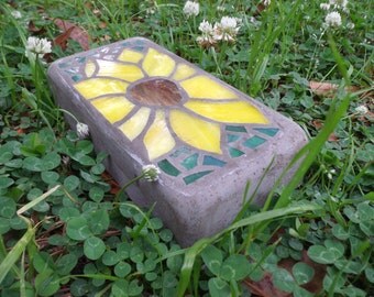 Mini Sunny Sunflower Brick Stained Glass Mosaic Stone - 3 1/2" x 7 1/2" - Great for Doorstop or Accent in Garden
