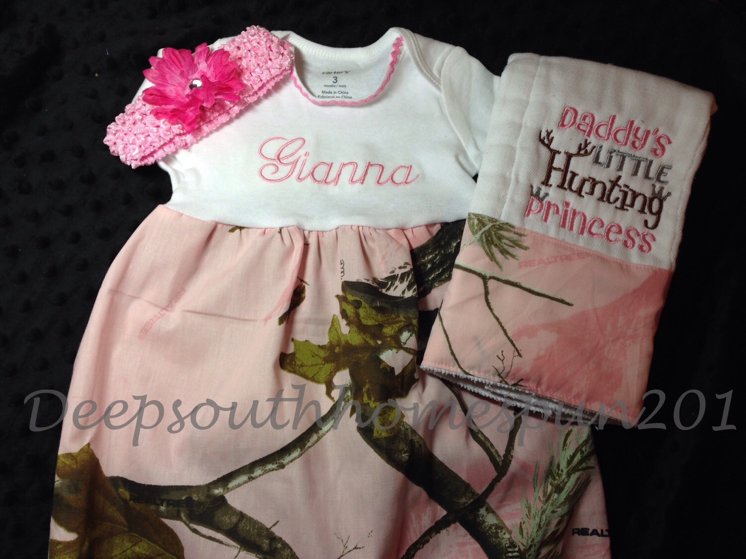 Baby onesie gown burp cloth headband set made with Pink camo