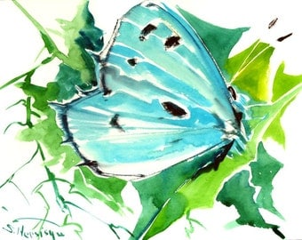Holly Blue Butterfly, original watercolor painting, 9 X 12 in,sky light blue green wall art, animal art,