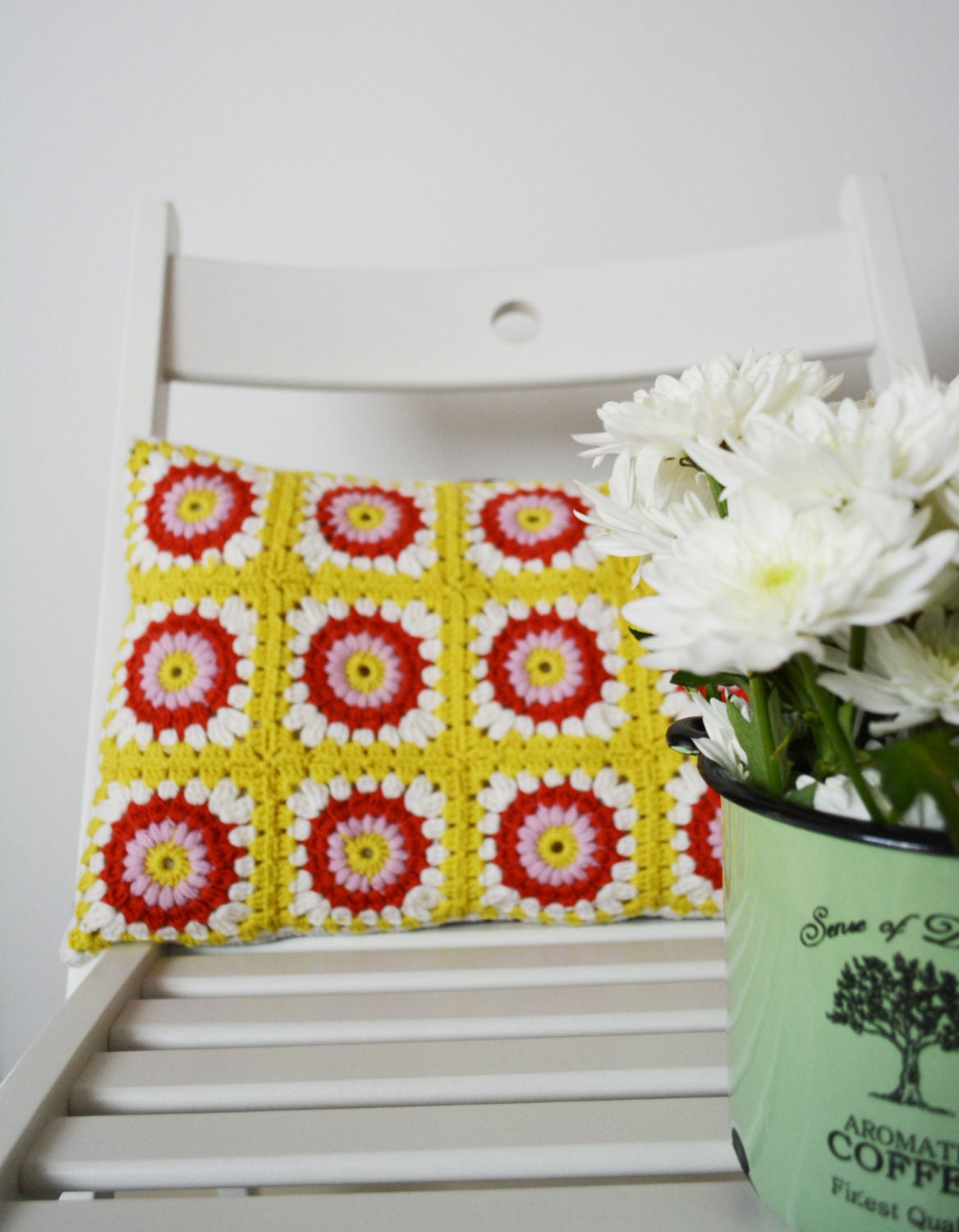 ON SALE Flower Granny Square Pillow Crochet Pillow Throw Pillow