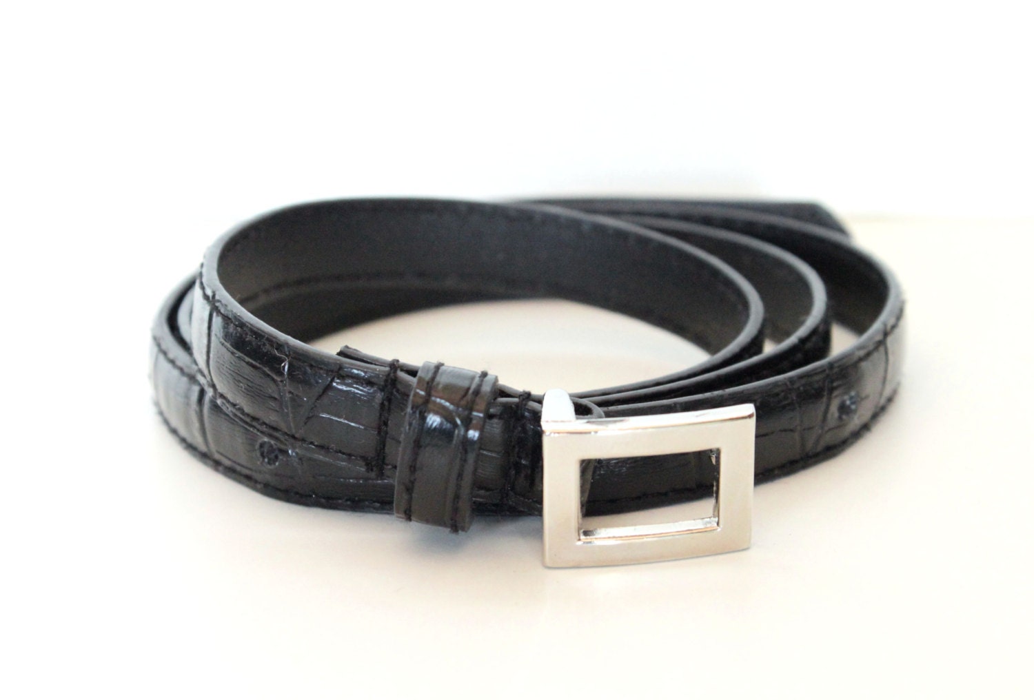 Glossy Black Vinyl Belt with Silver Buckle Mens Womens by ANNEOLA