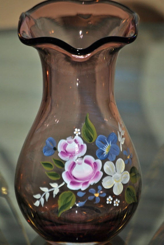 Purple/Amethyst vase clear glass handpainted with pink, white and