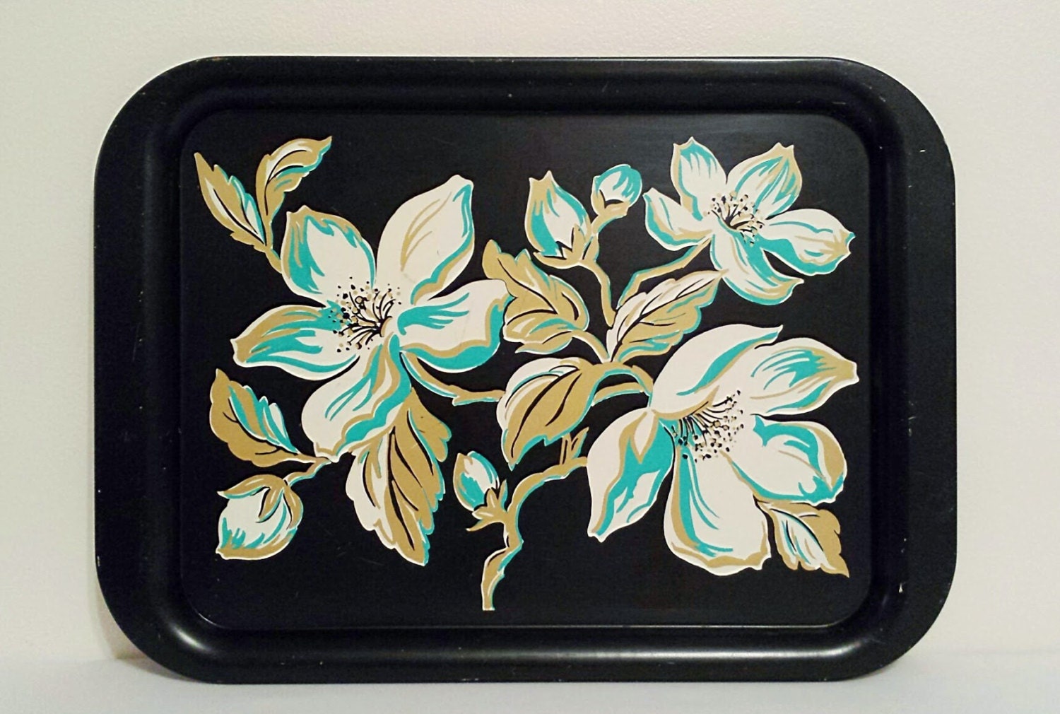 Black Metal Trays With White Floral Design Three Large Retro Trays