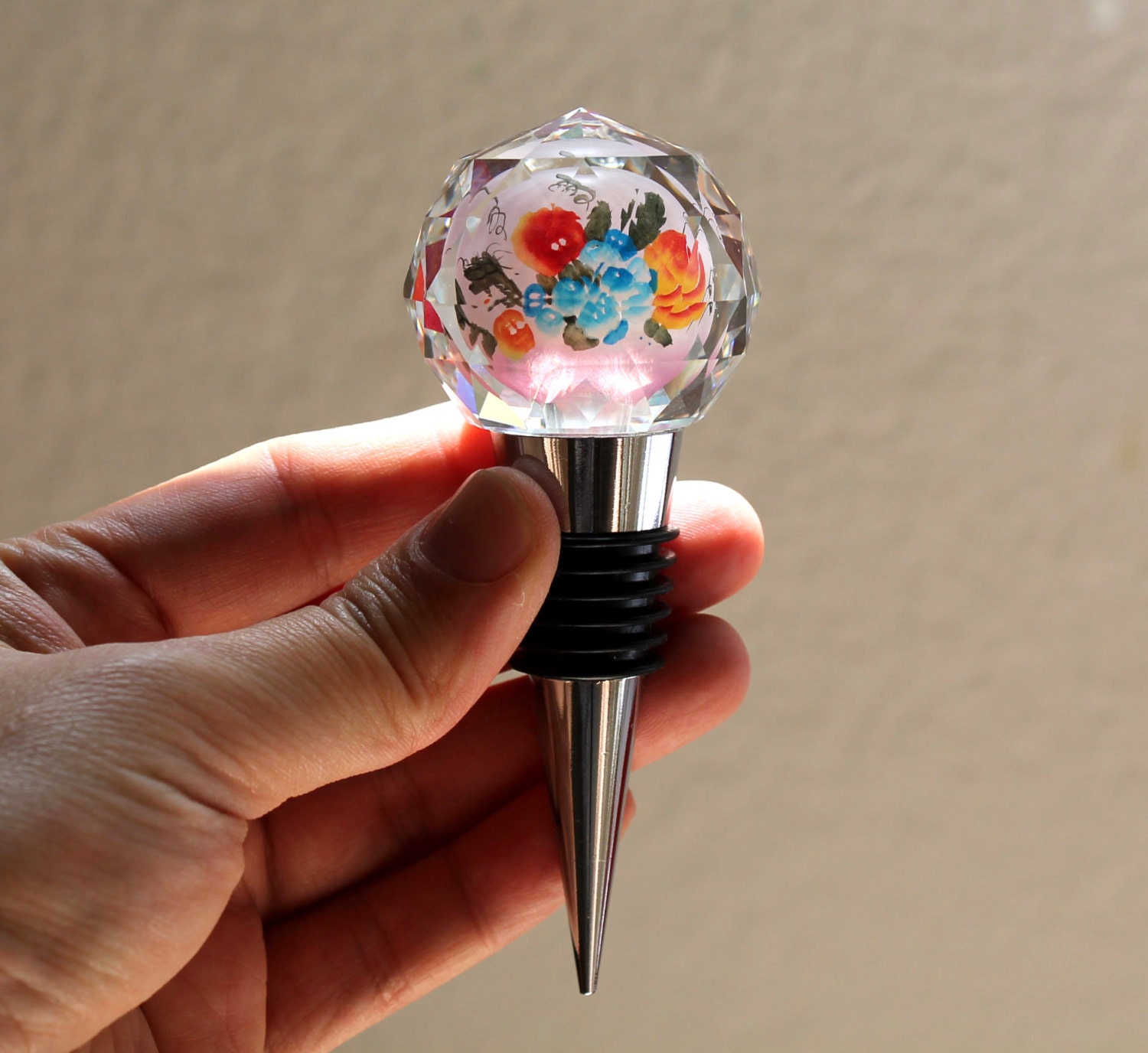 Hand Painted Crystal Wine Bottle Stopper Peach Lavender