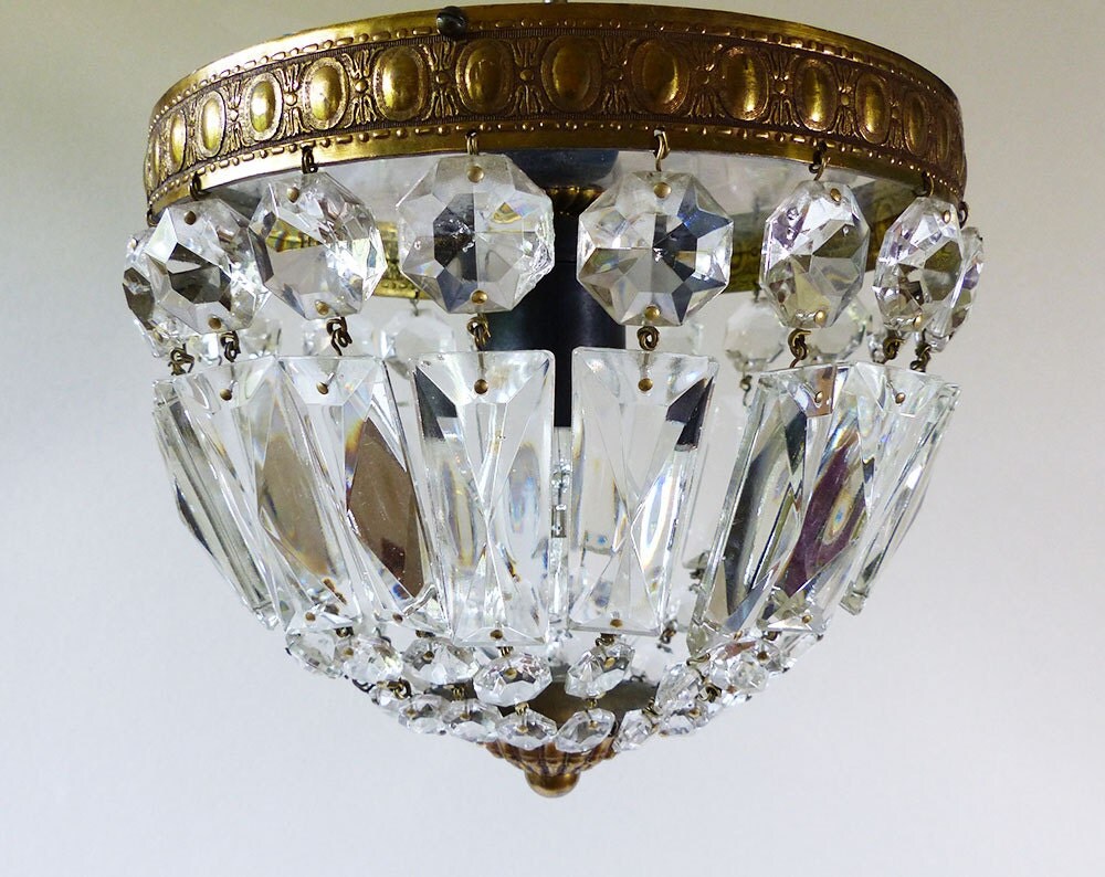 French Antique Crystal Prisms and Brass Chandelier L2
