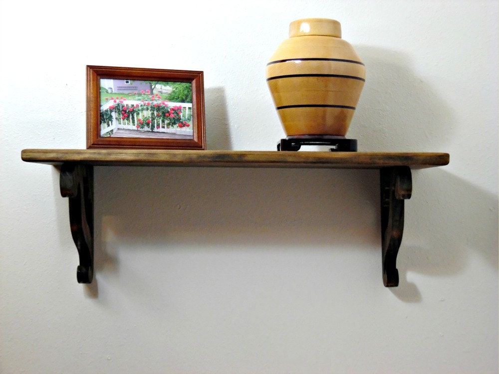 Walnut Stained Select Pine Shelf with Scrolled Brackets