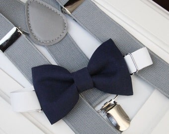 Navy bow-tie & gray elastic suspender set, Boy bow tie and suspenders set , Men bow tie and suspenders