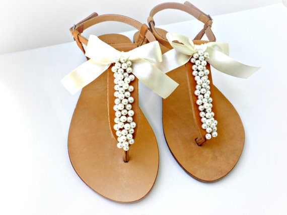 Wedding sandals- Greek leather sandals decorated with ivory pearls and ...