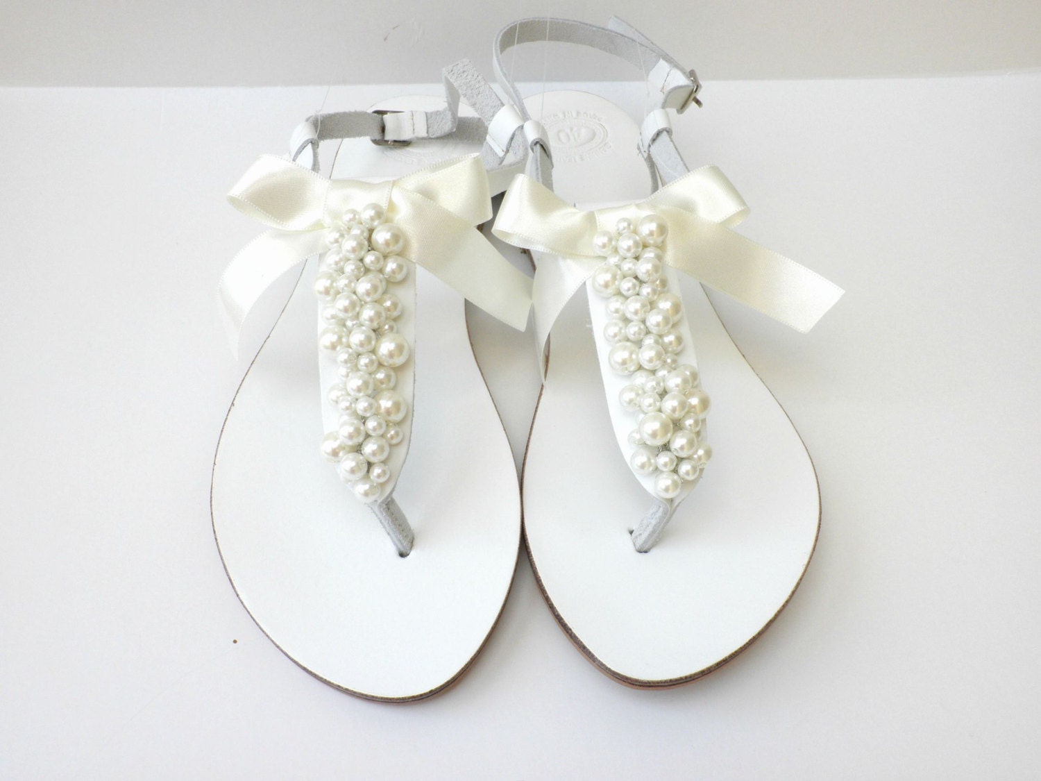 Wedding sandals/ White sandals decorated with ivory pearls/