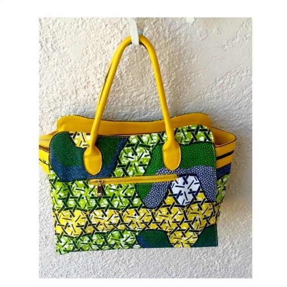 Items similar to Green African Print Fabric Tote, Top Handle African