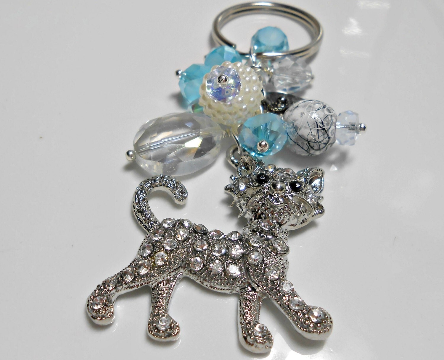 Rhinestone Cat Pendant Wire Wrapped Keychain by WrappedInJules