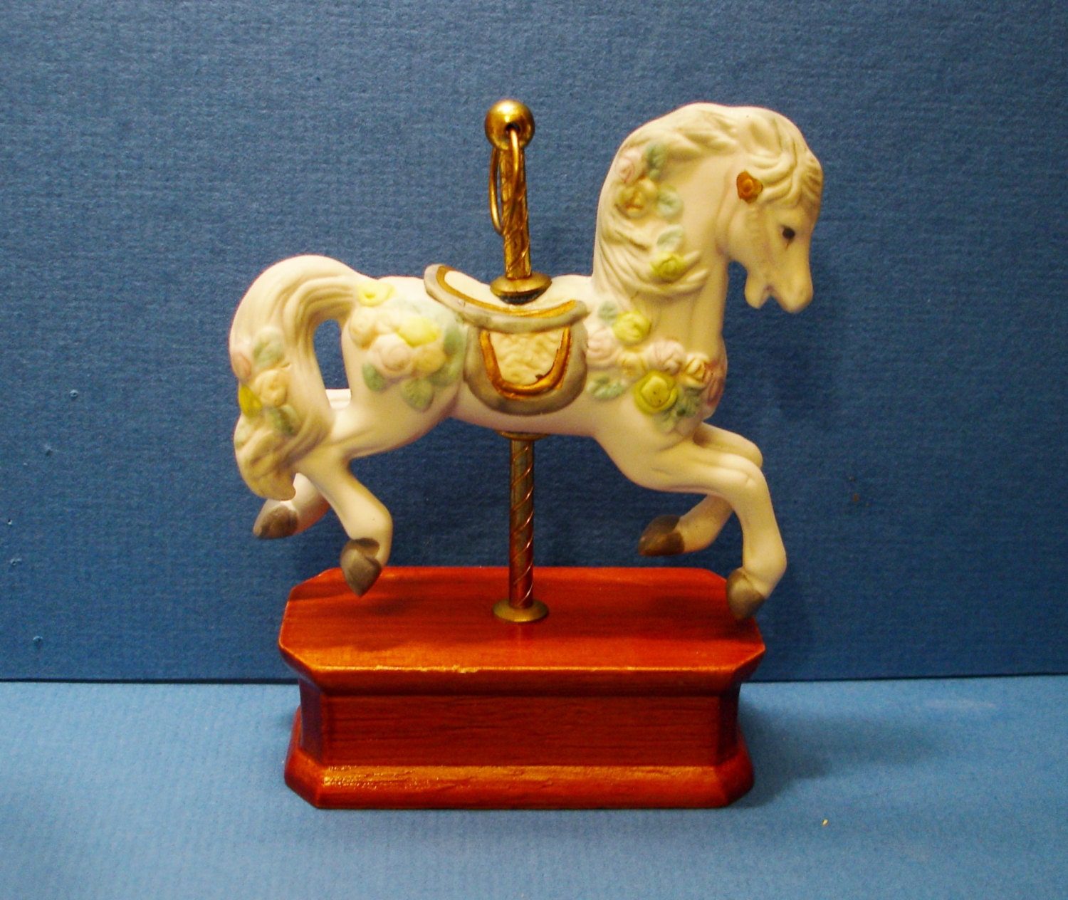 Porcelain Decorative Carousel Horse on Wooden Stand with Metal