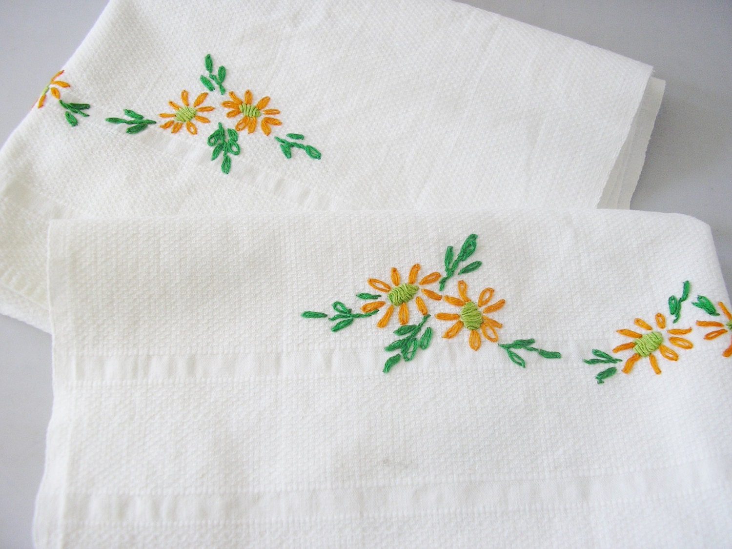 2 Vintage Texspring hand embroidered tea towels dish towels