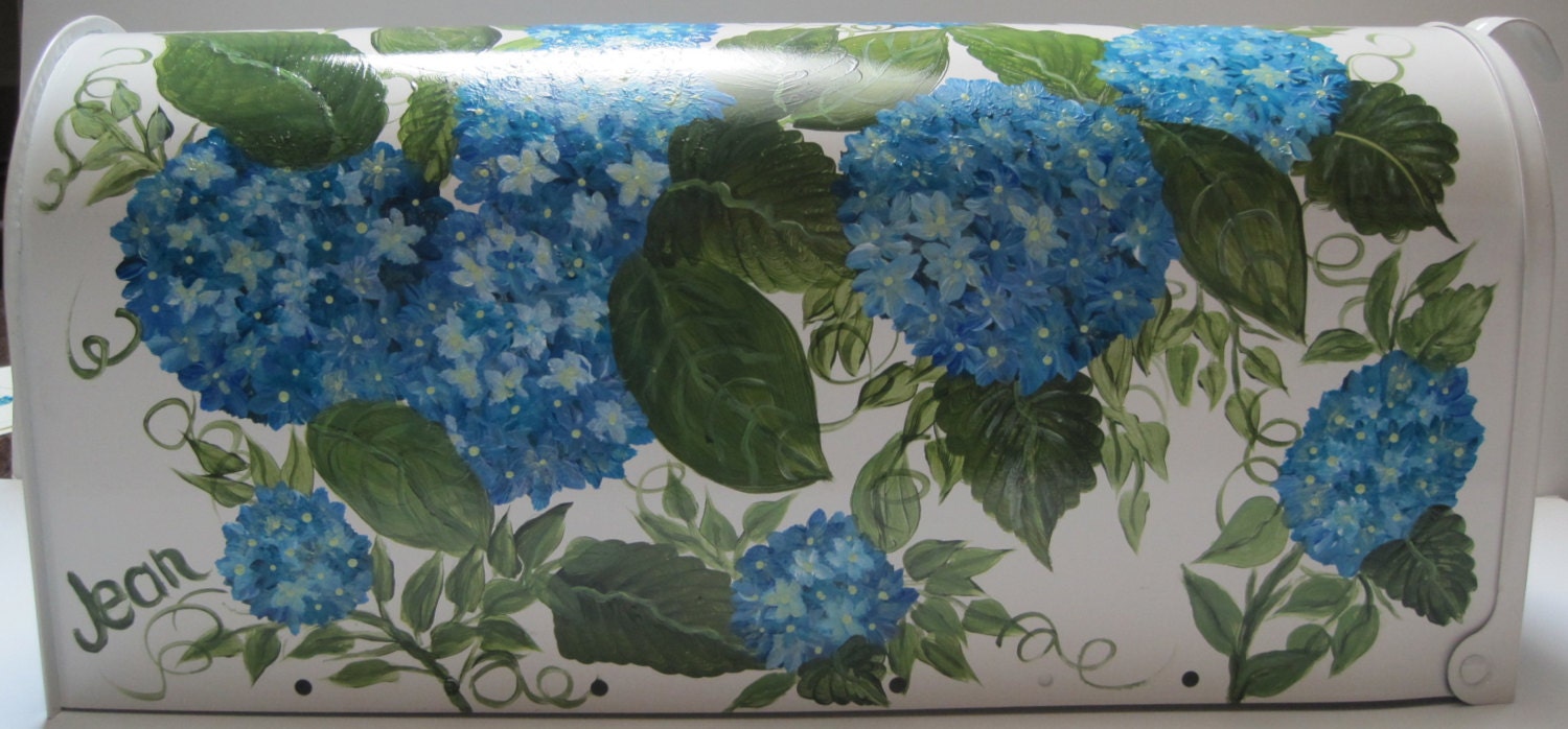 Blue Hydrangea Mailbox Hand Painted Original Design with