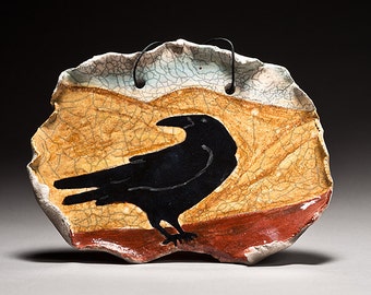 Raven with Mountains, Crow tile, Wall Art, Blackbird at Sunset Raku fired ceramic