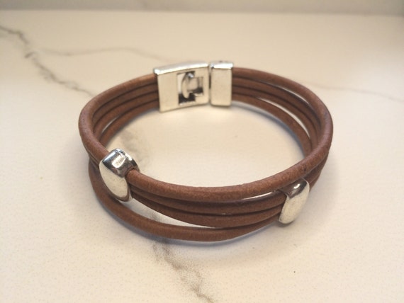 Items similar to Leather bracelet with silver metallic clasp and ...