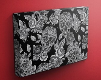 Sugar Skull Wall Art, Sugar Skull & Rose Wrapped Canvas, 3 Sizes to Choose from