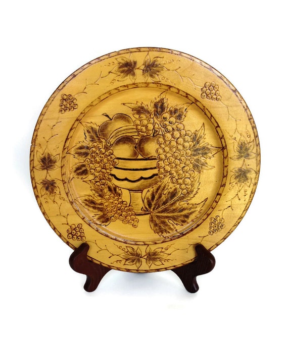 Vintage hand etched plate made in Italy country fruit basket design