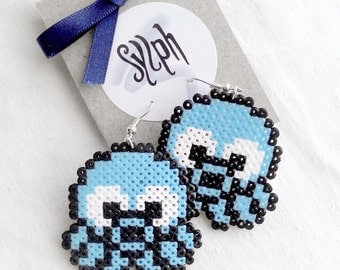Light blue baby Octo(p)lus pixelated earrings in 8bit retro style made out of Hama Mini Perler beads
