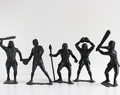 Vintage Prehistoric Warriors Set of 5, LARGE, Black Plastic, Neanderthal Hunter Figurine, Homo Sapiens Soldiers, Collectible, USSR 1970s