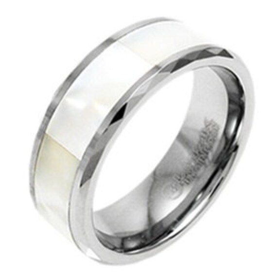 Tungsten Mother of Pearl Inlaid Faceted Men's Band Ring Tungsten Mother of Pearl Inlaid Faceted Men's Band Ring