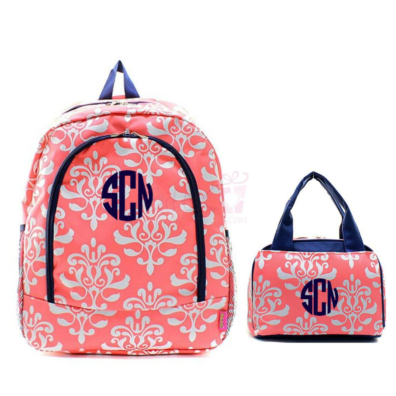 Personalized Damask Backpack Matching Lunch Box by GiftsHappenHere